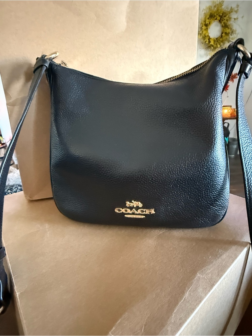 Coach Black Pebbled Leather Shoulder Bag with Gold Logo